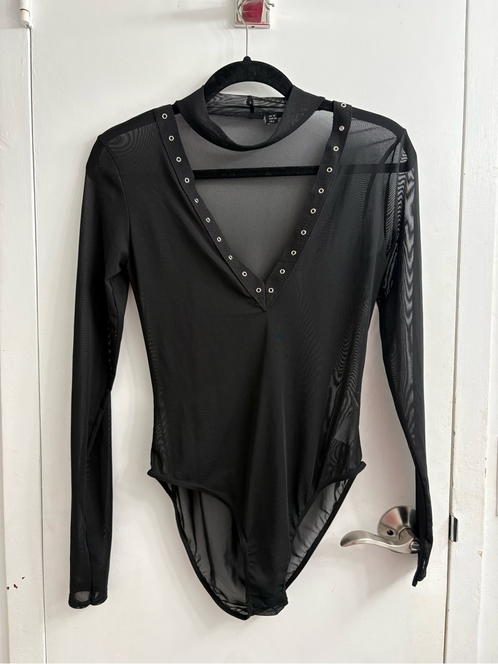 Black Mesh Long-Sleeve V-Neck Bodysuit